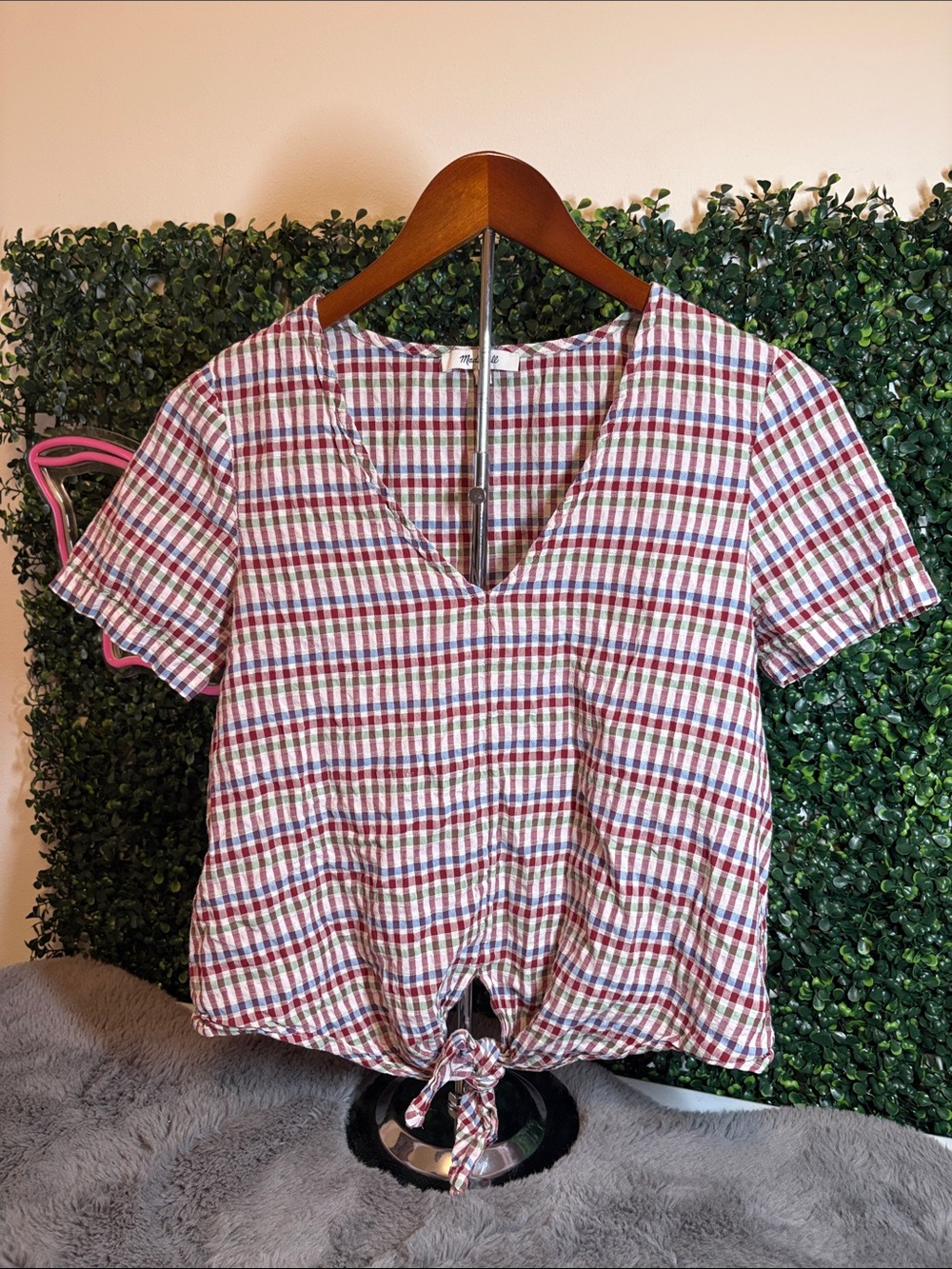 Madewell Red Multi Plaid V-Neck Tie-Front Top Size Small
